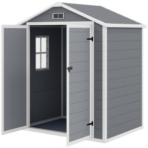 Outsunny 6x4.5FT Plastic Shed, Lockable Garden Tool Storage House with Double Doors and Vent, Grey - Image 2