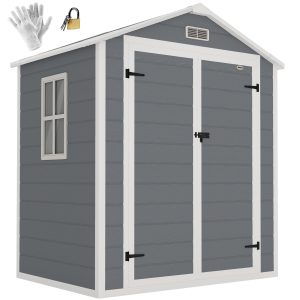 Outsunny 6x4.5FT Plastic Shed, Lockable Garden Tool Storage House with Double Doors and Vent, Grey - Image 11