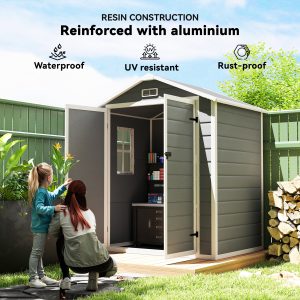 Outsunny 6x4.5FT Plastic Shed, Lockable Garden Tool Storage House with Double Doors and Vent, Grey - Image 5