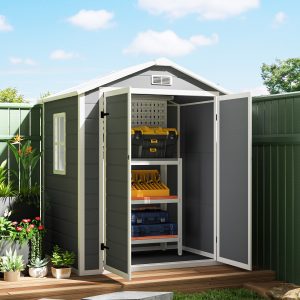 Outsunny 6x4.5FT Plastic Shed, Lockable Garden Tool Storage House with Double Doors and Vent, Grey - Image 8