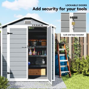 Outsunny 6x4.5FT Plastic Shed, Lockable Garden Tool Storage House with Double Doors and Vent, Grey - Image 9