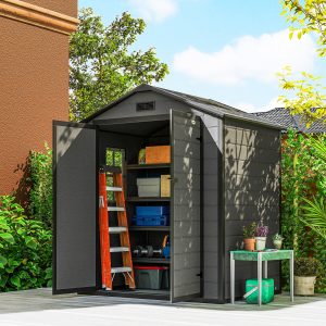 Outsunny 6x4.5FT Plastic Shed, Lockable Garden Tool Storage House with Double Doors and Vent, Grey - Image 8