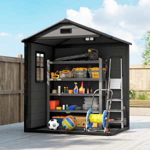Outsunny 6x4.5FT Plastic Shed, Lockable Garden Tool Storage House with Double Doors and Vent, Grey - Image 10