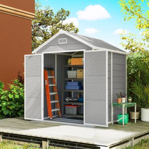 Outsunny 6x5 Plastic Garden Storage Shed with Floor Window Lockable Doors and Vents Outdoor Wood Effect Grey - Image 1