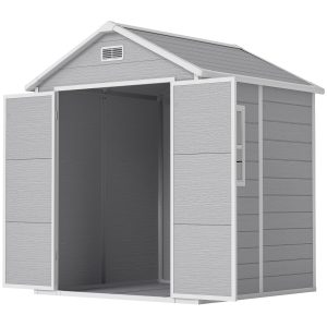 Outsunny 6x5 Plastic Garden Storage Shed with Floor Window Lockable Doors and Vents Outdoor Wood Effect Grey - Image 2