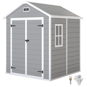 Outsunny 6x5 Plastic Garden Storage Shed with Floor Window Lockable Doors and Vents Outdoor Wood Effect Grey - Image 11