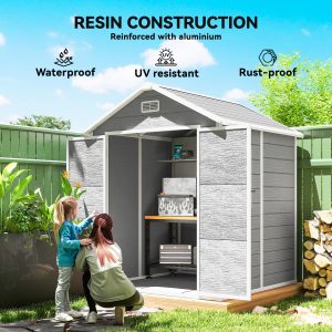 Outsunny 6x5 Plastic Garden Storage Shed with Floor Window Lockable Doors and Vents Outdoor Wood Effect Grey - Image 4