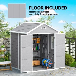 Outsunny 6x5 Plastic Garden Storage Shed with Floor Window Lockable Doors and Vents Outdoor Wood Effect Grey - Image 5