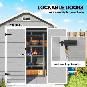 Outsunny 6x5 Plastic Garden Storage Shed with Floor Window Lockable Doors and Vents Outdoor Wood Effect Grey - Image 7