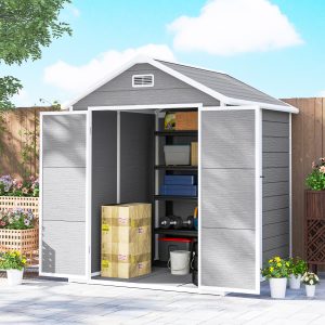 Outsunny 6x5 Plastic Garden Storage Shed with Floor Window Lockable Doors and Vents Outdoor Wood Effect Grey - Image 10