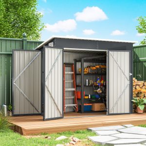 Outsunny 7.5' x 4.3' Outdoor Storage Shed, Waterproof Metal Garden Shed with Lockable Doors, for Backyard, Lawn, Patio, Dark Grey - Image 1