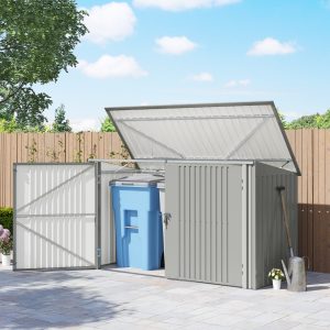 Outsunny 7.6 x 3.4ft Outdoor Storage Shed, 3 Garbage Bin Shed Organizer with Lockable Double Doors, Openable Lid, Silver Grey - Image 1