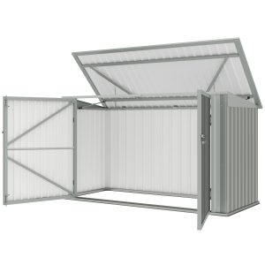 Outsunny 7.6 x 3.4ft Outdoor Storage Shed, 3 Garbage Bin Shed Organizer with Lockable Double Doors, Openable Lid, Silver Grey - Image 2