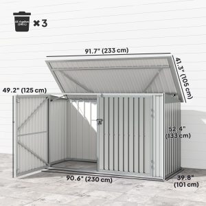 Outsunny 7.6 x 3.4ft Outdoor Storage Shed, 3 Garbage Bin Shed Organizer with Lockable Double Doors, Openable Lid, Silver Grey - Image 3