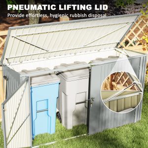 Outsunny 7.6 x 3.4ft Outdoor Storage Shed, 3 Garbage Bin Shed Organizer with Lockable Double Doors, Openable Lid, Silver Grey - Image 5