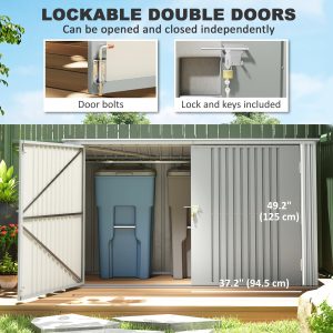 Outsunny 7.6 x 3.4ft Outdoor Storage Shed, 3 Garbage Bin Shed Organizer with Lockable Double Doors, Openable Lid, Silver Grey - Image 6