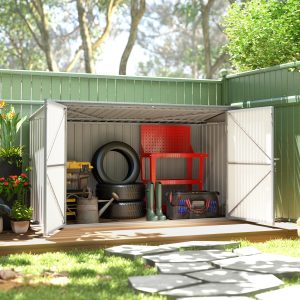 Outsunny 7.6 x 3.4ft Outdoor Storage Shed, 3 Garbage Bin Shed Organizer with Lockable Double Doors, Openable Lid, Silver Grey - Image 9