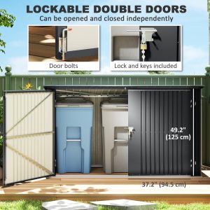 Outsunny 7.6 x 3.4ft Outdoor Storage Shed, Triple Garbage Bin Shed Organizer with Lockable Double Doors and Openable Lid - Image 6