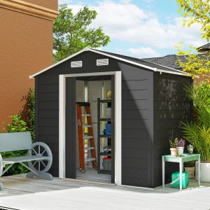 Outsunny 7.7' x 6.5' Outdoor Metal Garden Shed House Hut Gardening Tool Storage with Ventilation, Dark Grey - Image 1
