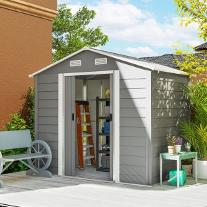 Outsunny 7.7' x 6.5' Outdoor Metal Garden Shed House Hut Gardening Tool Storage with Ventilation, Light Grey - Image 1
