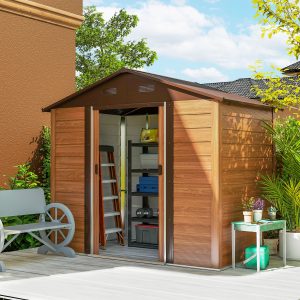 Outsunny 7.7' x 6.5' Outdoor Metal Garden Shed with Lock and Ventilation Gardening Tool Storage, Dark Brown - Image 1