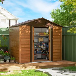 Outsunny 7.7' x 6.5' Outdoor Metal Garden Shed with Lock and Ventilation Gardening Tool Storage, Dark Brown - Image 8