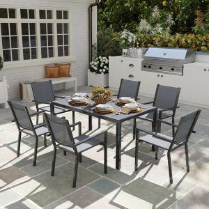 Outsunny 7 Piece Outdoor Dining Set with 6 Stackable Chairs, Rectangle Table, WPC Slatted Top, Rust-Resistant Steel Frame - Image 1