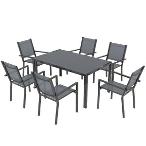 Outsunny 7 Piece Outdoor Dining Set with 6 Stackable Chairs, Rectangle Table, WPC Slatted Top, Rust-Resistant Steel Frame - Image 2