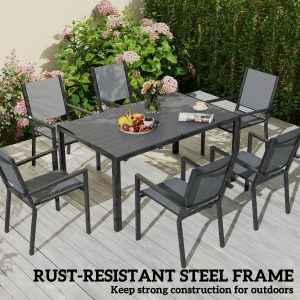 Outsunny 7 Piece Outdoor Dining Set with 6 Stackable Chairs, Rectangle Table, WPC Slatted Top, Rust-Resistant Steel Frame - Image 16