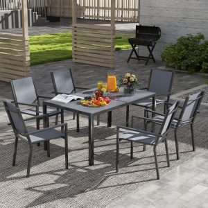 Outsunny 7 Piece Outdoor Dining Set with 6 Stackable Chairs, Rectangle Table, WPC Slatted Top, Rust-Resistant Steel Frame - Image 8