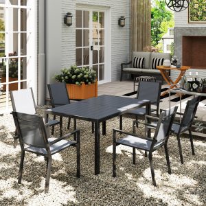 Outsunny 7 Piece Outdoor Dining Set with 6 Stackable Chairs, Rectangle Table, WPC Slatted Top, Rust-Resistant Steel Frame - Image 9