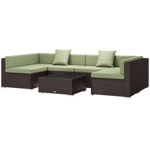 Outsunny 7 Pieces Outdoor Rattan Furniture Set, Patio Wicker Sectional Conversation Sofa Set, Light Green - Image 2