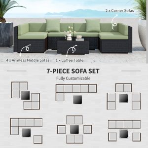 Outsunny 7 Pieces Outdoor Rattan Furniture Set, Patio Wicker Sectional Conversation Sofa Set, Light Green - Image 4