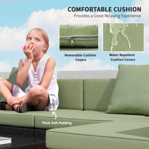 Outsunny 7 Pieces Outdoor Rattan Furniture Set, Patio Wicker Sectional Conversation Sofa Set, Light Green - Image 5