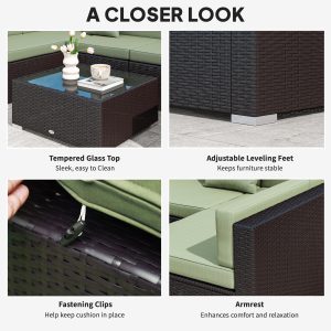 Outsunny 7 Pieces Outdoor Rattan Furniture Set, Patio Wicker Sectional Conversation Sofa Set, Light Green - Image 6