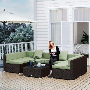 Outsunny 7 Pieces Outdoor Rattan Furniture Set, Patio Wicker Sectional Conversation Sofa Set, Light Green - Image 9