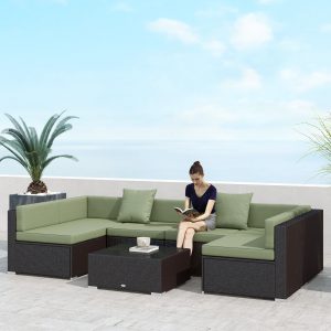 Outsunny 7 Pieces Outdoor Rattan Furniture Set, Patio Wicker Sectional Conversation Sofa Set, Light Green - Image 10