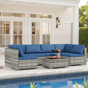 Outsunny 7 Pieces Patio Furniture Set, Rattan Conversation Set Garden Wicker Sofa Set with Washable Cushions and Coffee Table, for Deck Balcony Yard, Blue - Image 1