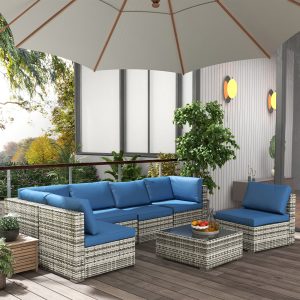 Outsunny 7 Pieces Patio Furniture Set, Rattan Conversation Set Garden Wicker Sofa Set with Washable Cushions and Coffee Table, for Deck Balcony Yard, Blue - Image 11