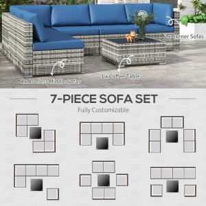 Outsunny 7 Pieces Patio Furniture Set, Rattan Conversation Set Garden Wicker Sofa Set with Washable Cushions and Coffee Table, for Deck Balcony Yard, Blue - Image 4