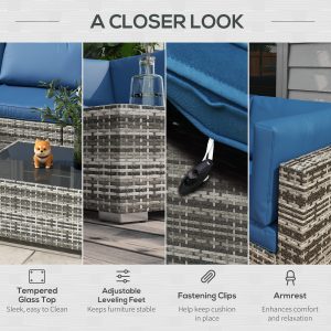 Outsunny 7 Pieces Patio Furniture Set, Rattan Conversation Set Garden Wicker Sofa Set with Washable Cushions and Coffee Table, for Deck Balcony Yard, Blue - Image 5