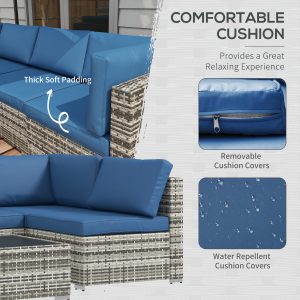 Outsunny 7 Pieces Patio Furniture Set, Rattan Conversation Set Garden Wicker Sofa Set with Washable Cushions and Coffee Table, for Deck Balcony Yard, Blue - Image 6