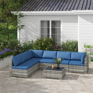 Outsunny 7 Pieces Patio Furniture Set, Rattan Conversation Set Garden Wicker Sofa Set with Washable Cushions and Coffee Table, for Deck Balcony Yard, Blue - Image 9