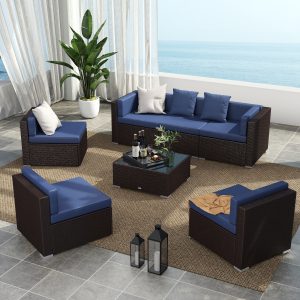 Outsunny 7 Pieces Patio Furniture Set, Rattan Conversation Set Garden Wicker Sofa Set with Washable Cushions and Coffee Table, for Deck Balcony Yard, Navy Blue - Image 1