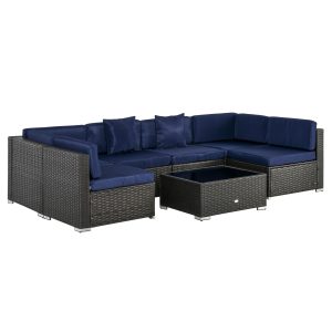 Outsunny 7 Pieces Patio Furniture Set, Rattan Conversation Set Garden Wicker Sofa Set with Washable Cushions and Coffee Table, for Deck Balcony Yard, Navy Blue - Image 2