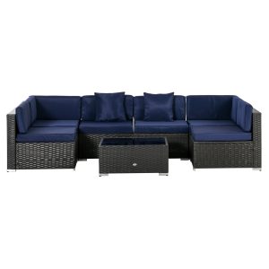 Outsunny 7 Pieces Patio Furniture Set, Rattan Conversation Set Garden Wicker Sofa Set with Washable Cushions and Coffee Table, for Deck Balcony Yard, Navy Blue - Image 15