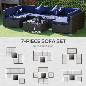 Outsunny 7 Pieces Patio Furniture Set, Rattan Conversation Set Garden Wicker Sofa Set with Washable Cushions and Coffee Table, for Deck Balcony Yard, Navy Blue - Image 4