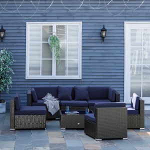 Outsunny 7 Pieces Patio Furniture Set, Rattan Conversation Set Garden Wicker Sofa Set with Washable Cushions and Coffee Table, for Deck Balcony Yard, Navy Blue - Image 8