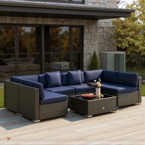 Outsunny 7 Pieces Patio Furniture Set, Rattan Conversation Set Garden Wicker Sofa Set with Washable Cushions and Coffee Table, for Deck Balcony Yard, Navy Blue - Image 9