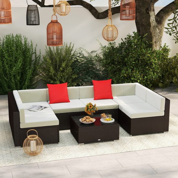 Outsunny 7 Pieces Patio Sofa Outdoor Wicker Sectional Patio Furniture, Dark Brown & Beige - Image 1